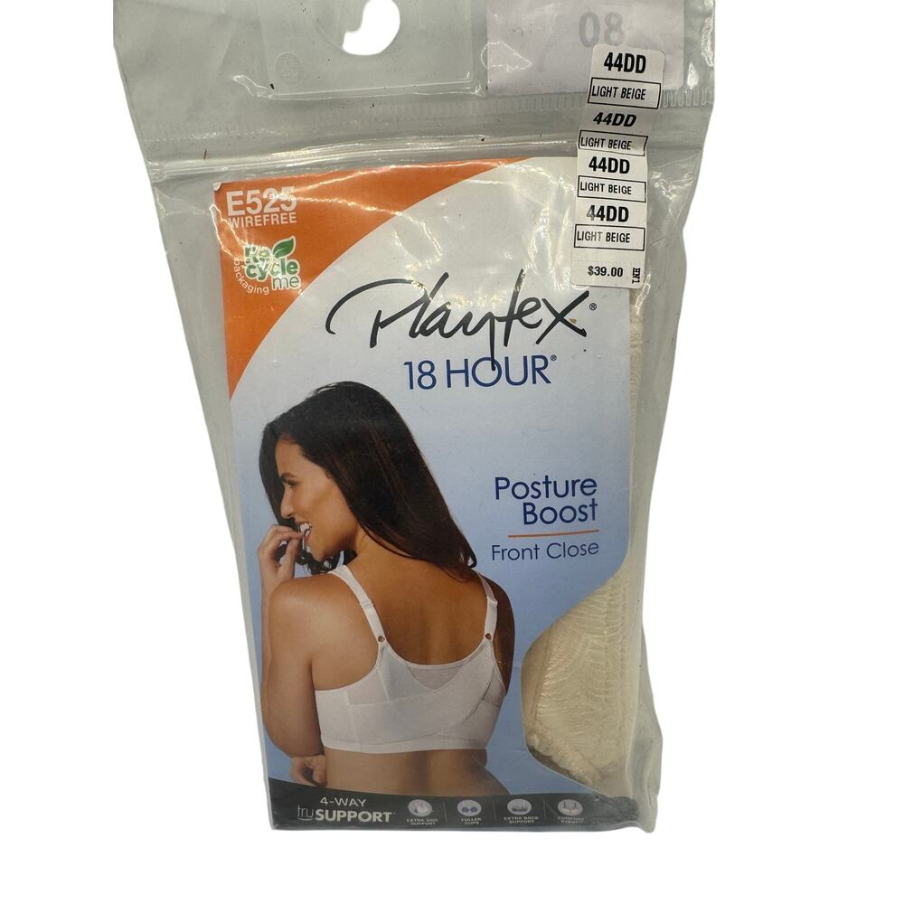 Playtex 18 Hour L-Beige E525 Women's Bra Wireless Posture Boost Front Close 44DD